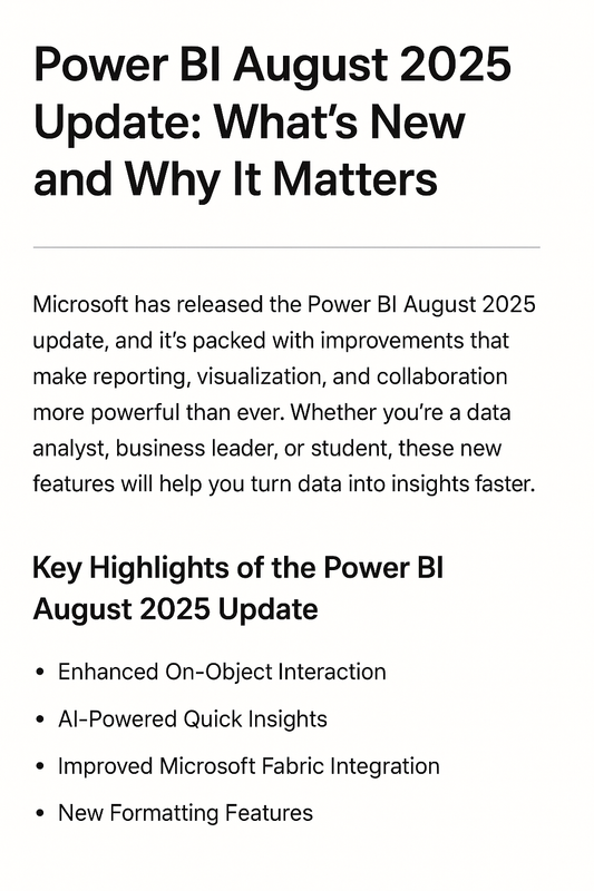 Blog header showing Power BI August 2025 update features with summary and bullet list of new capabilities