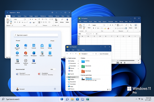 Windows 11 Start menu and File Explorer windows on desktop illustrating Windows 11 Pro activation step-by-step