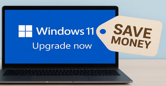 Laptop screen showing Windows 11 upgrade now message with Save Money tag for Windows 11 quick recovery guide