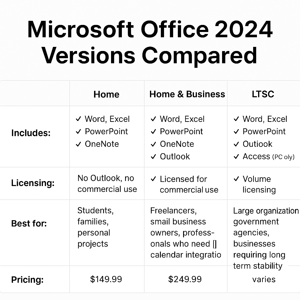 Chart comparing Office 2024 editions apps pricing licensing for Microsoft Office 2024 Professional Plus license
