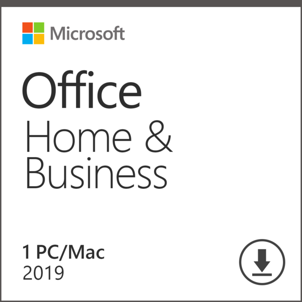 Microsoft Office Home and Business 2019 license digital download box art for 1 PC or Mac