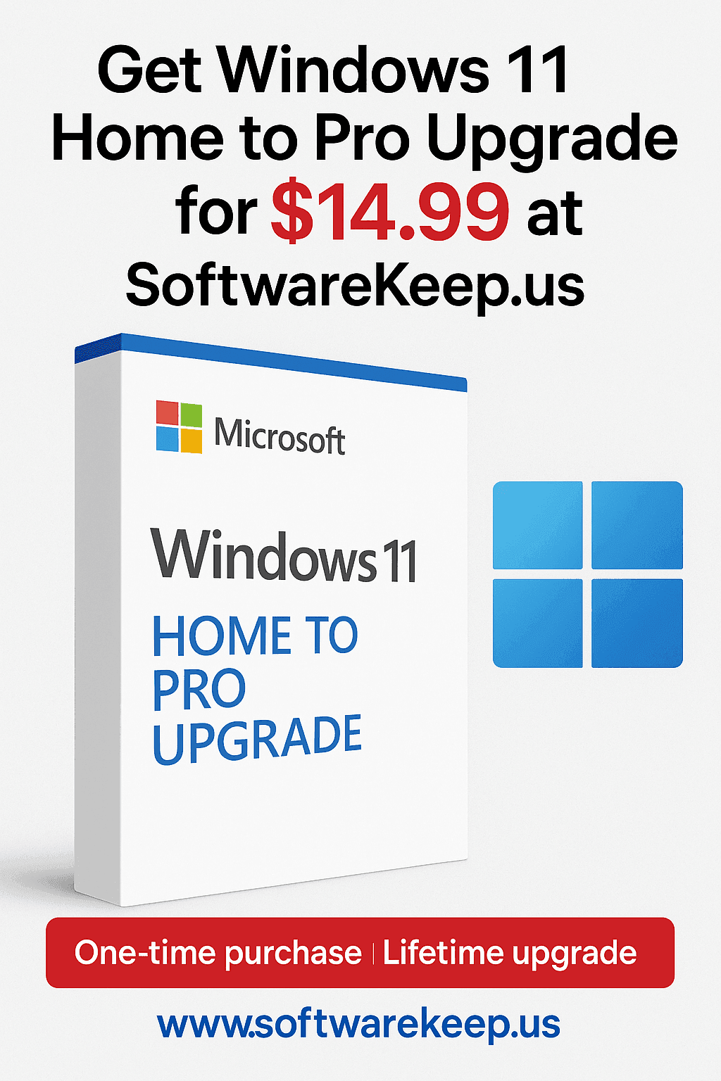 Windows 11 Home to Pro upgrade software box by gnewnetworks with $14.99 price and lifetime upgrade offer