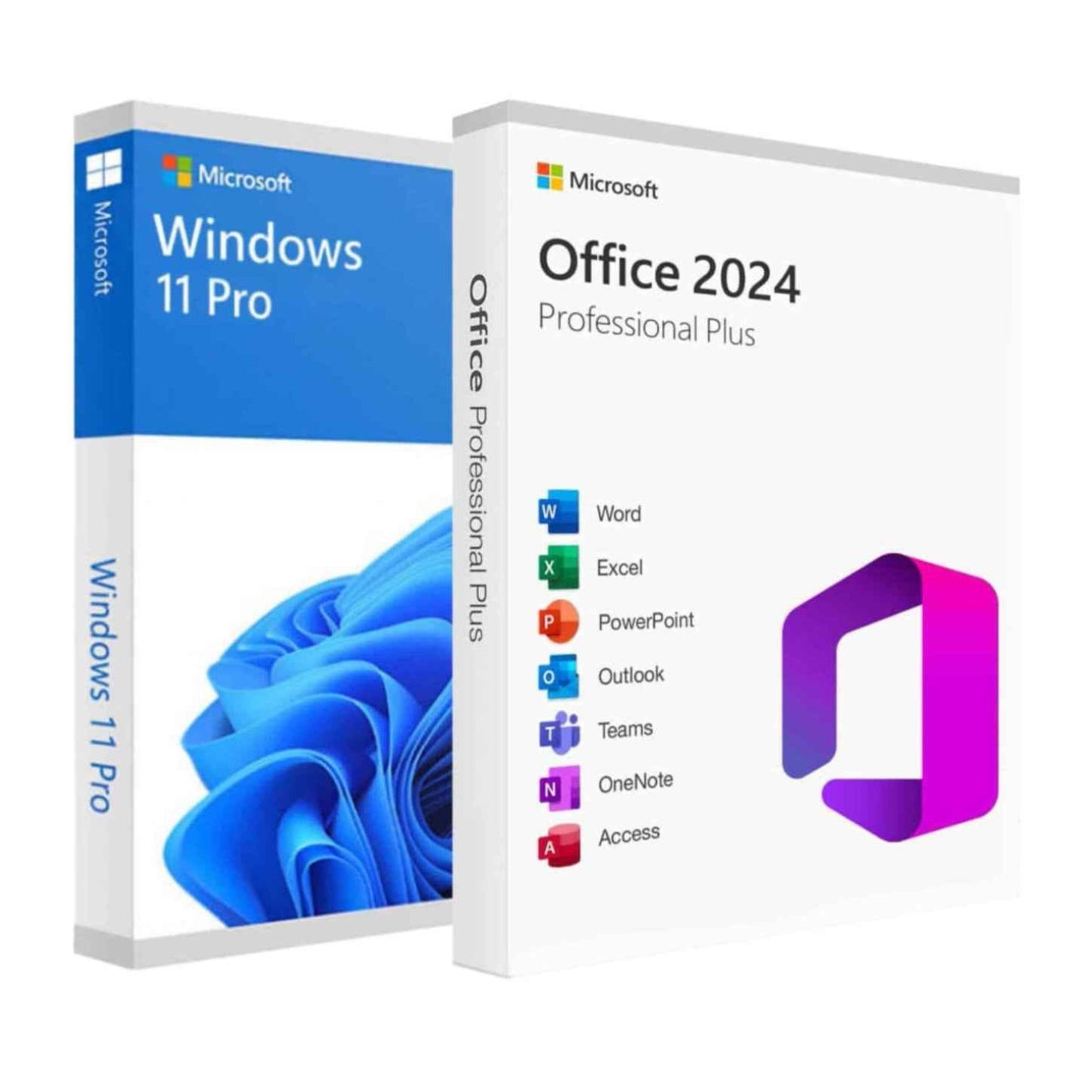 SoftwareKeep digital Windows 11 Pro and Office 2024 bundle showing Windows 11 Pro box and Office 2024 Professional Plus icons