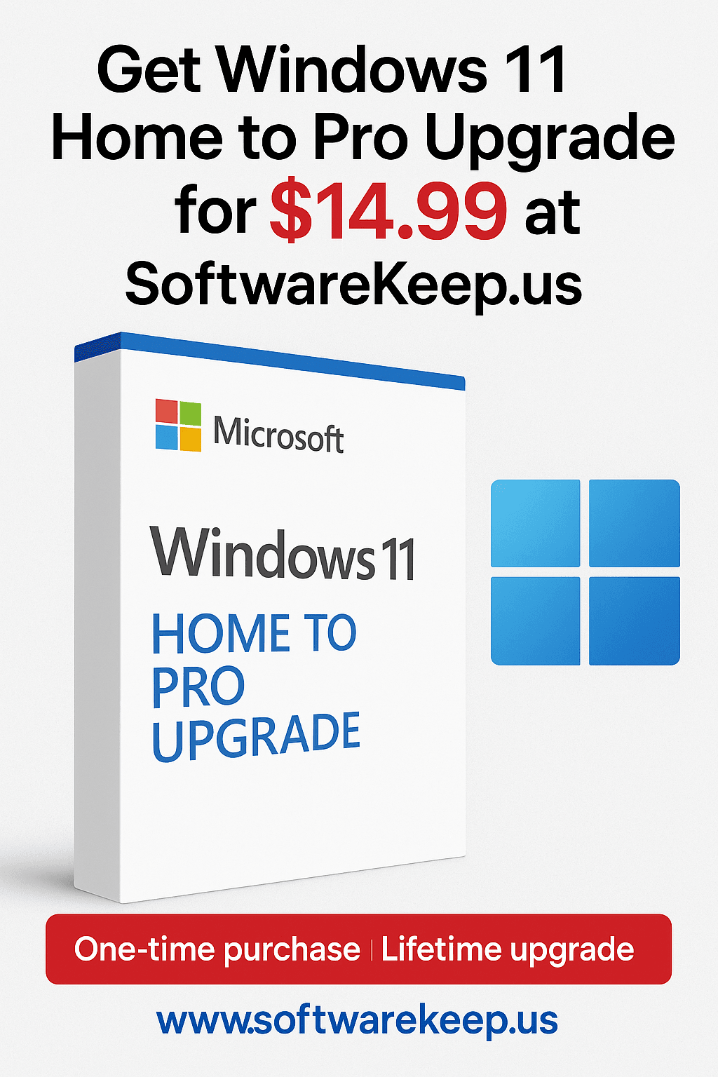 Microsoft Windows 11 Pro upgrade box with Windows 11 logo for Windows 11 Pro upgrade offer
