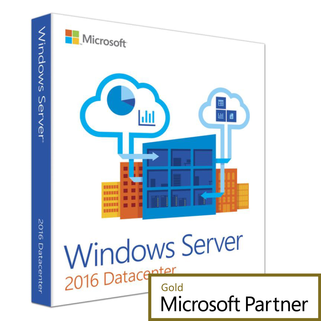 Microsoft Windows Server 2016 Datacenter download box with cloud and datacenter graphics and Gold Microsoft Partner badge