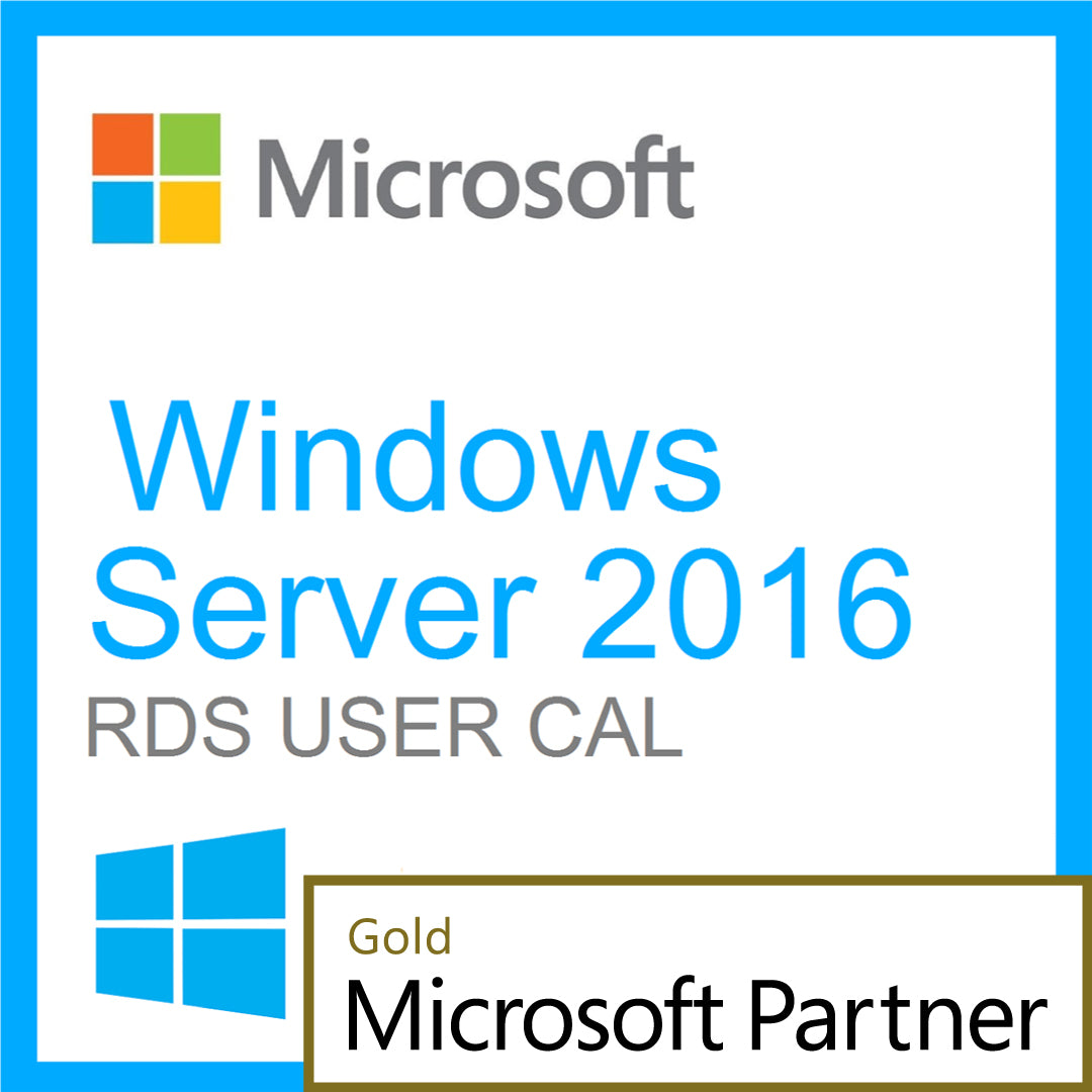 Microsoft Windows Server 2016 Remote Desktop 20 User CAL product cover showing Microsoft logo and Gold Partner badge