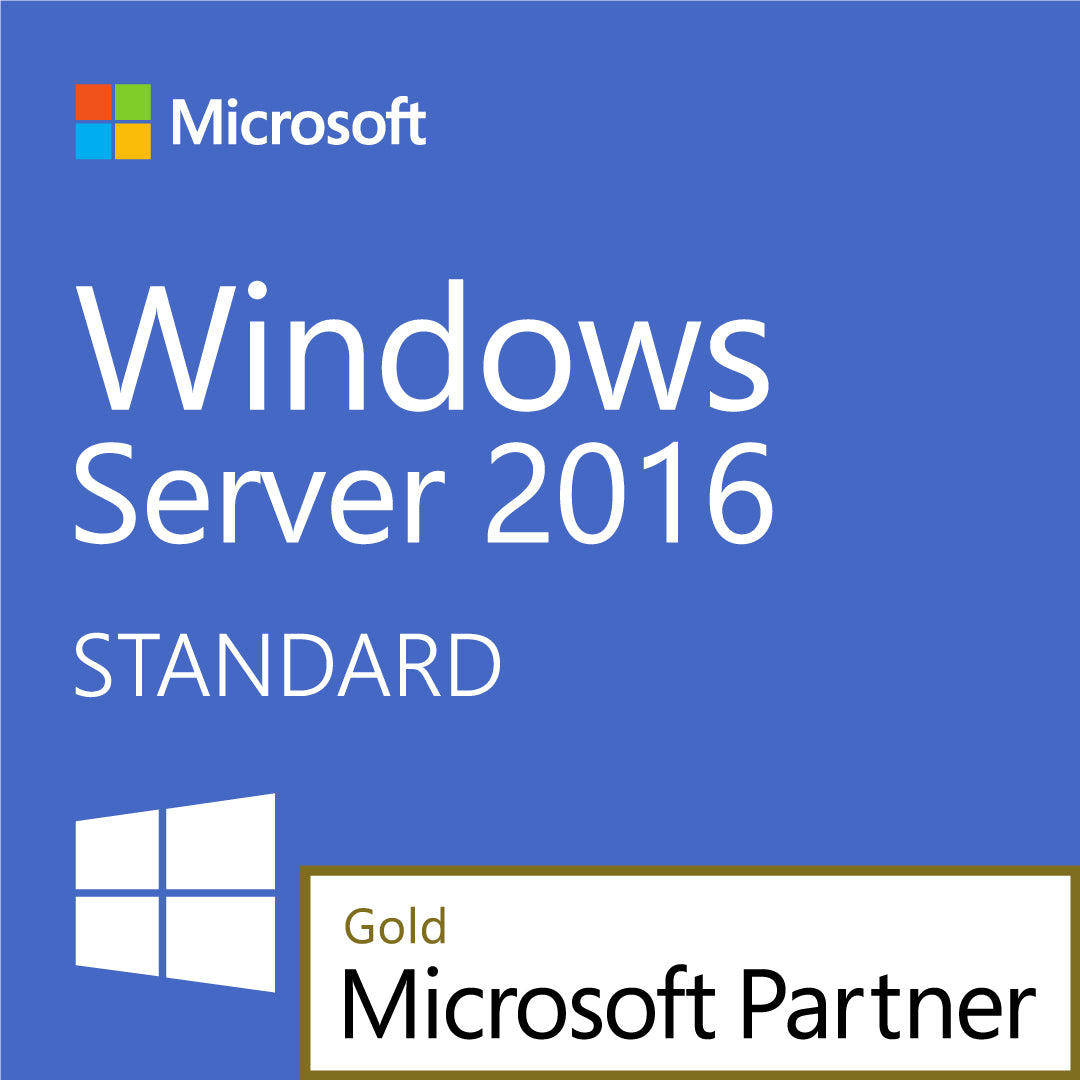 Microsoft Windows Server 2016 Standard product box with Microsoft logo and Gold Partner badge Windows Server 2016 Standard 16 Core