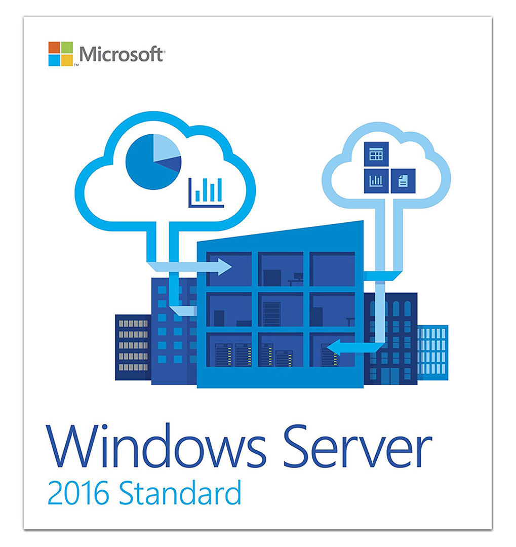 Microsoft Windows Server 2016 Standard 16 Core box art showing cloud icons, server racks, and building illustration