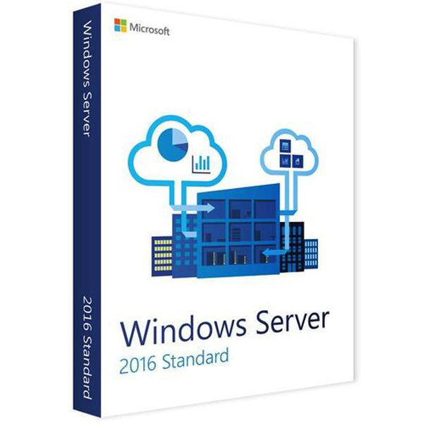 Microsoft Windows Server 2016 Standard retail box with cloud and building icons Windows Server 2016 Standard 16 Core license