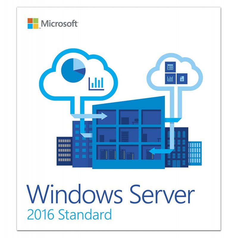 Microsoft product cover with cloud connected blue server building and text Windows Server 2016 Standard 24 core