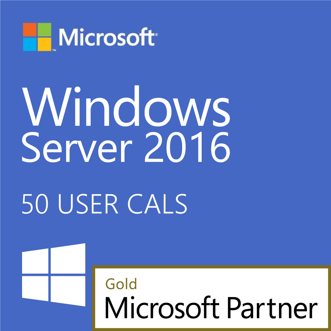 Microsoft Windows Server 2016 user CALs 50 pack box image with Gold Microsoft Partner badge and Windows logo