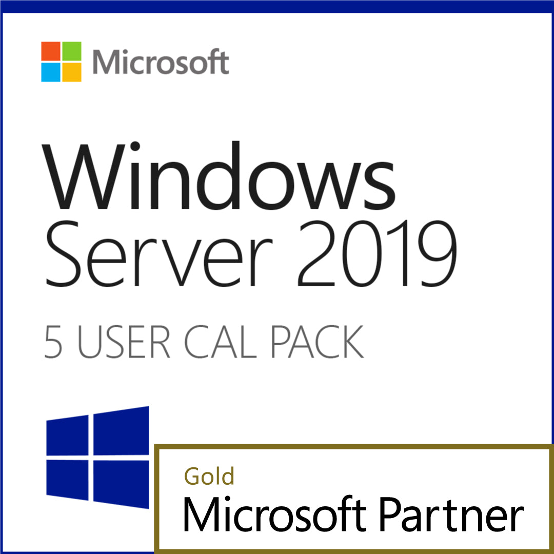 Microsoft Windows Server 2019 5 User CAL software box cover with Microsoft logo and Gold Partner badge