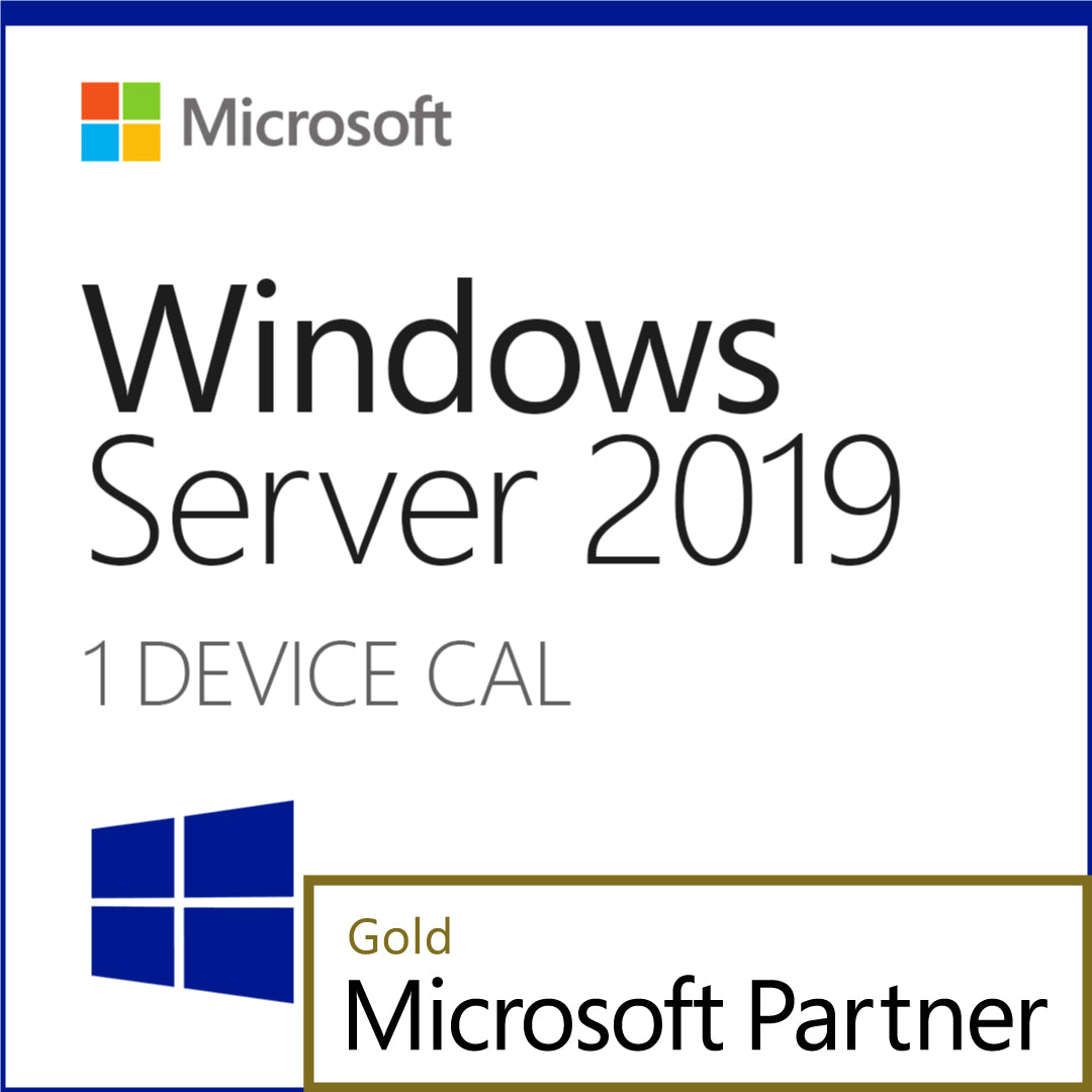 Microsoft Windows Server 2019 CAL packaging showing 1 Device CAL text and Gold Microsoft Partner badge