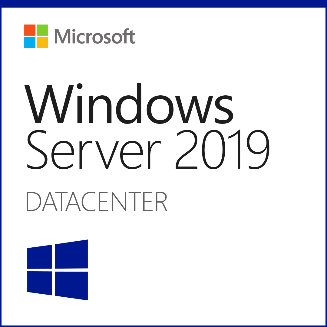 Microsoft Windows Server 2019 Datacenter product box cover with logo and branding Windows Server 2019 Datacenter 16 core license