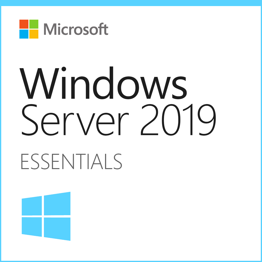 Microsoft product cover art showing Windows Server 2019 Essentials branding and blue logo Windows Server 2019 Essentials license