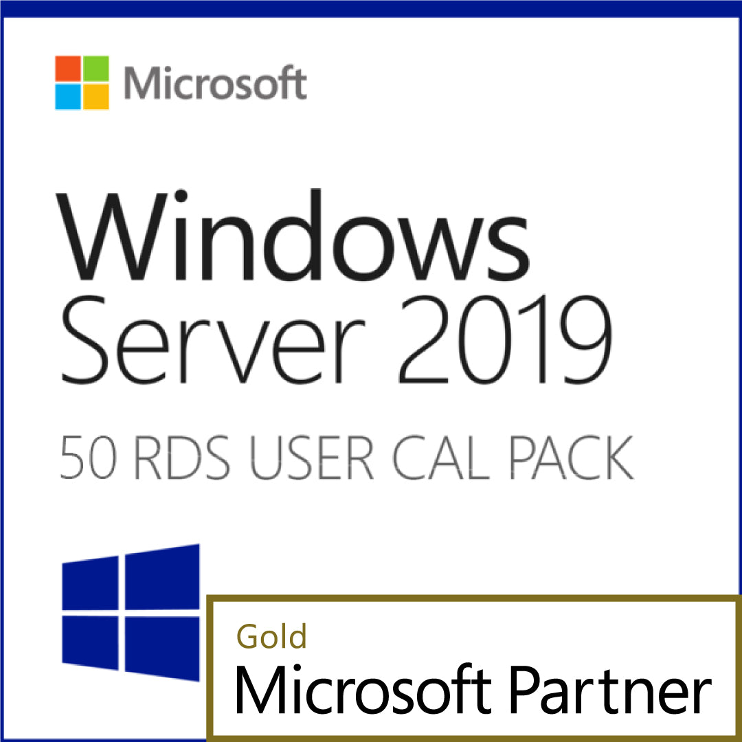 Microsoft product box showing Windows Server 2019 Remote Desktop 50 User CALs packaging and Gold Microsoft Partner badge