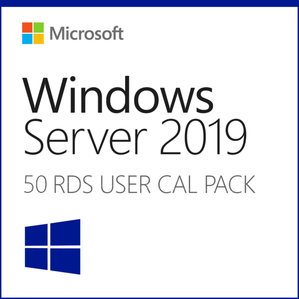 Microsoft box with Windows Server 2019 Remote Desktop 50 User CALs. shows Microsoft and Windows logos