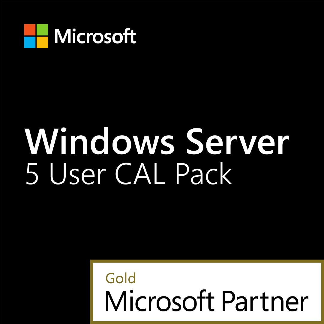 Microsoft product cover for Windows Server 2022 5 User CAL. Black box with Gold Microsoft Partner badge
