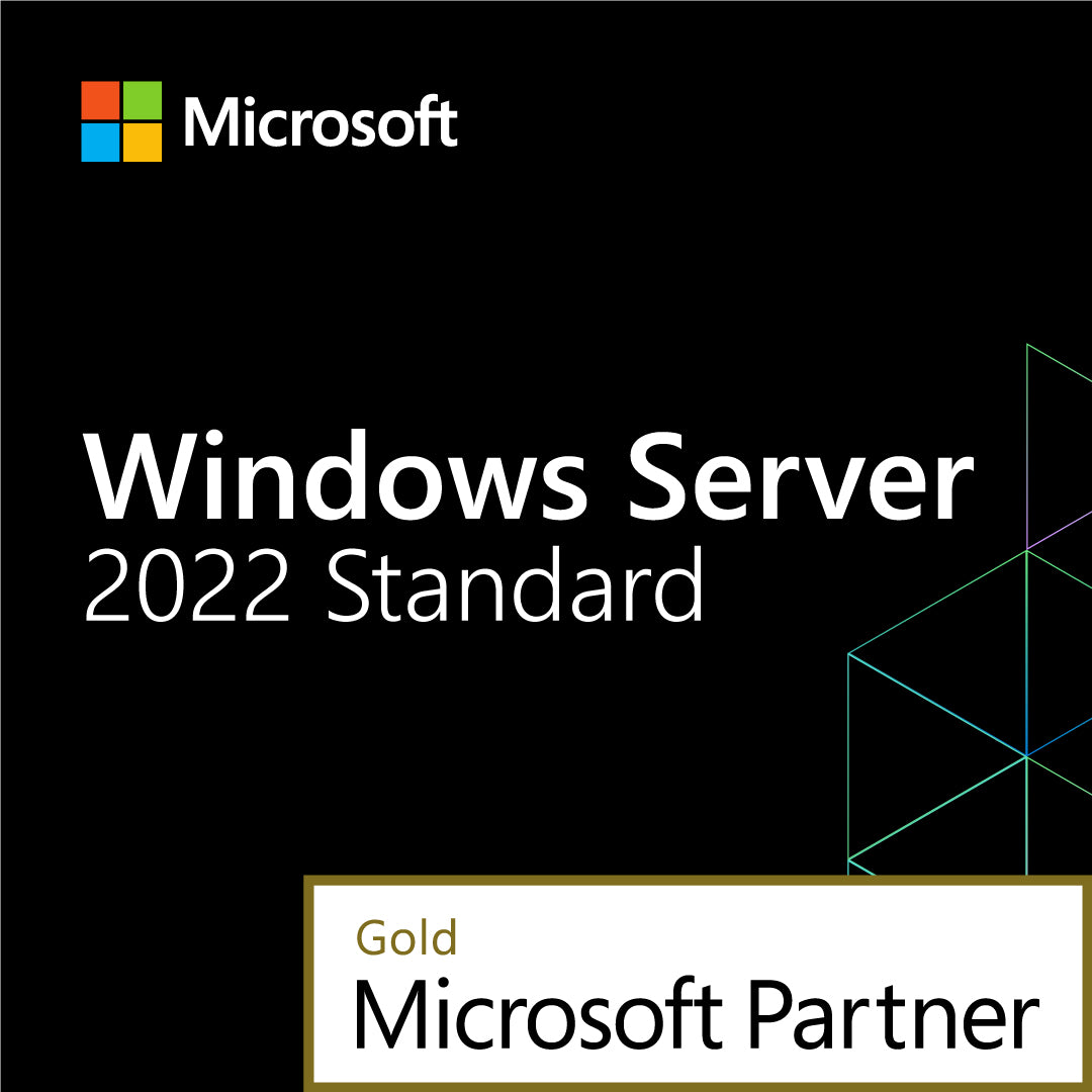 Windows Server 2022 Standard retail box with Gold Microsoft Partner badge and Windows Server 2022 Standard 16 Core License
