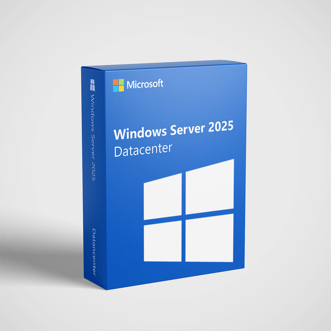 Microsoft blue retail box for Windows Server 2025 Datacenter license showing Windows logo and product name