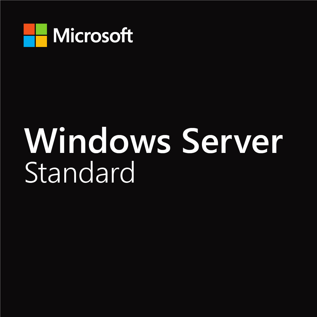 Microsoft product image with Windows Server Standard branding on black background Windows Server Standard 2 Core license