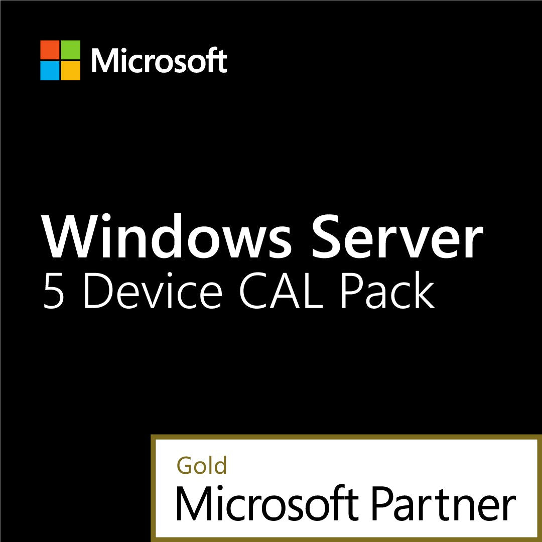 Microsoft Windows Server 5 Device CAL Pack box with Gold Microsoft Partner badge, Windows Server 2022 5 Device CAL.