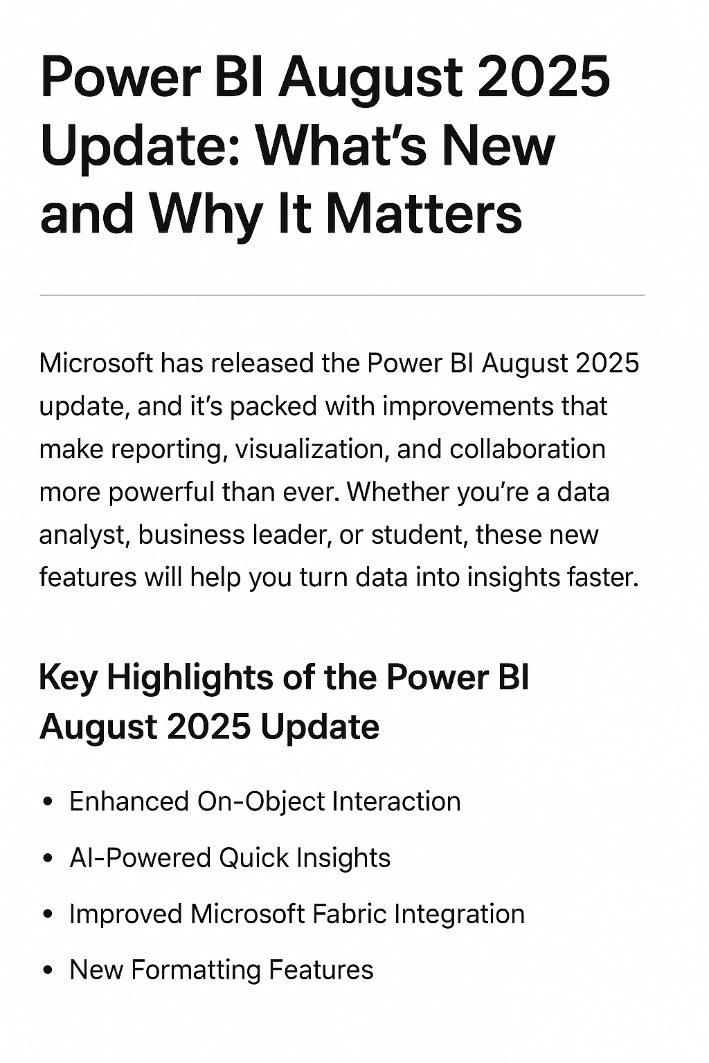 Blog header showing Power BI August 2025 update features with summary and bullet list of new capabilities