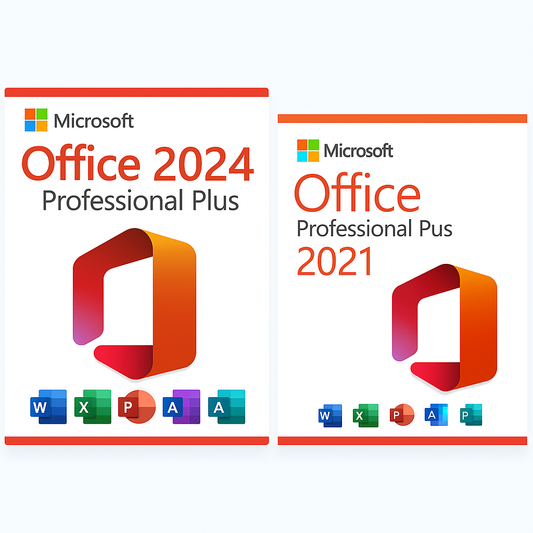 Two Microsoft boxes showing Microsoft Office 2024 Professional Plus license and Office 2021 with app icons