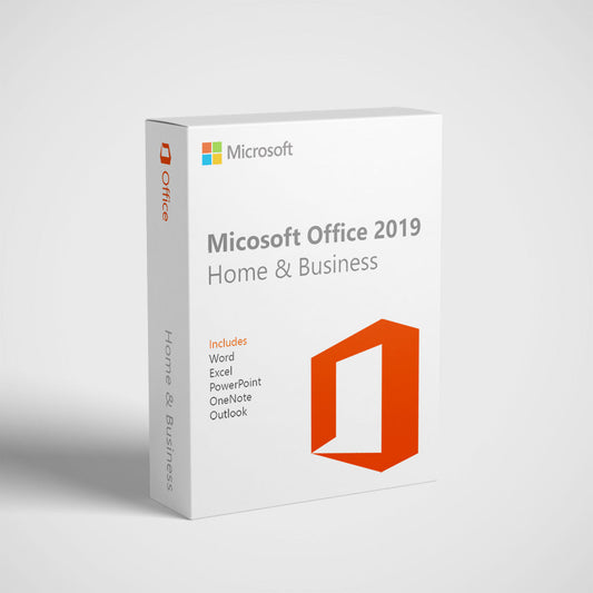 Microsoft Office Home and Business 2019 license white retail box showing Office logo and app list