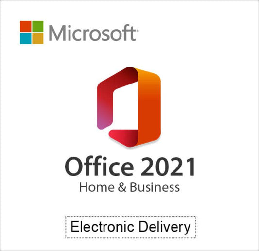 Microsoft Office 2021 Home and Business software logo indicating electronic delivery