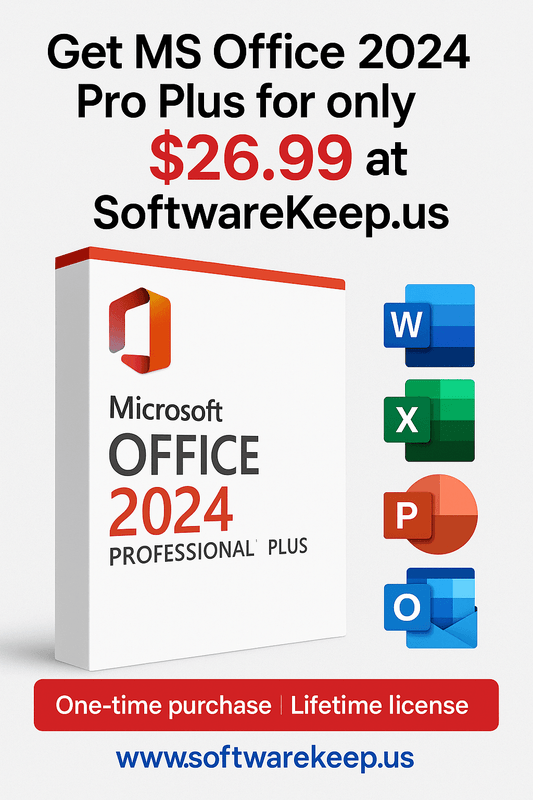 Microsoft Office 2024 Professional Plus license box with Word Excel PowerPoint Outlook icons and pricing details