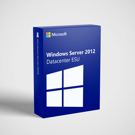 Microsoft product box for Windows Server 2012 Datacenter ESU Year 2 license showing blue packaging and Windows logo