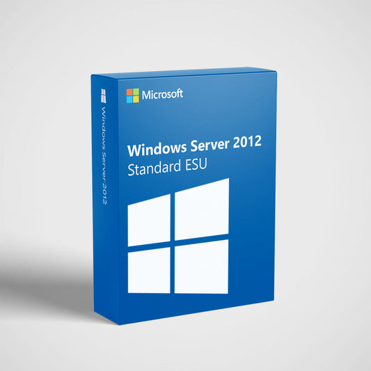 Microsoft retail box for Windows Server 2012 Standard showing Windows logo and label Windows Server 2012 Standard ESU Year 2