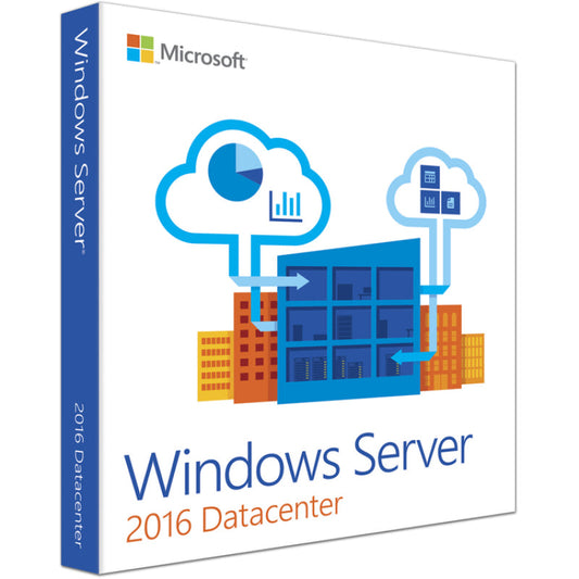 Microsoft Windows Server 2016 Datacenter product box illustration with cloud icons Windows Server 2016 Datacenter 24 core license