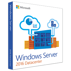 Microsoft Windows Server 2016 Datacenter license product box showing cloud icons server building and Datacenter branding