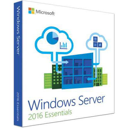 Microsoft Windows Server 2016 Essentials license product box with cloud and server building illustration