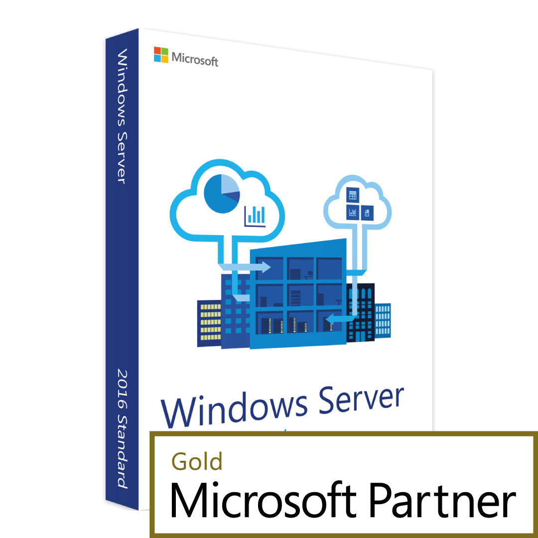 Microsoft Windows Server 2016 Standard 16 Core box art with cloud and datacenter illustration and Gold Microsoft Partner badge