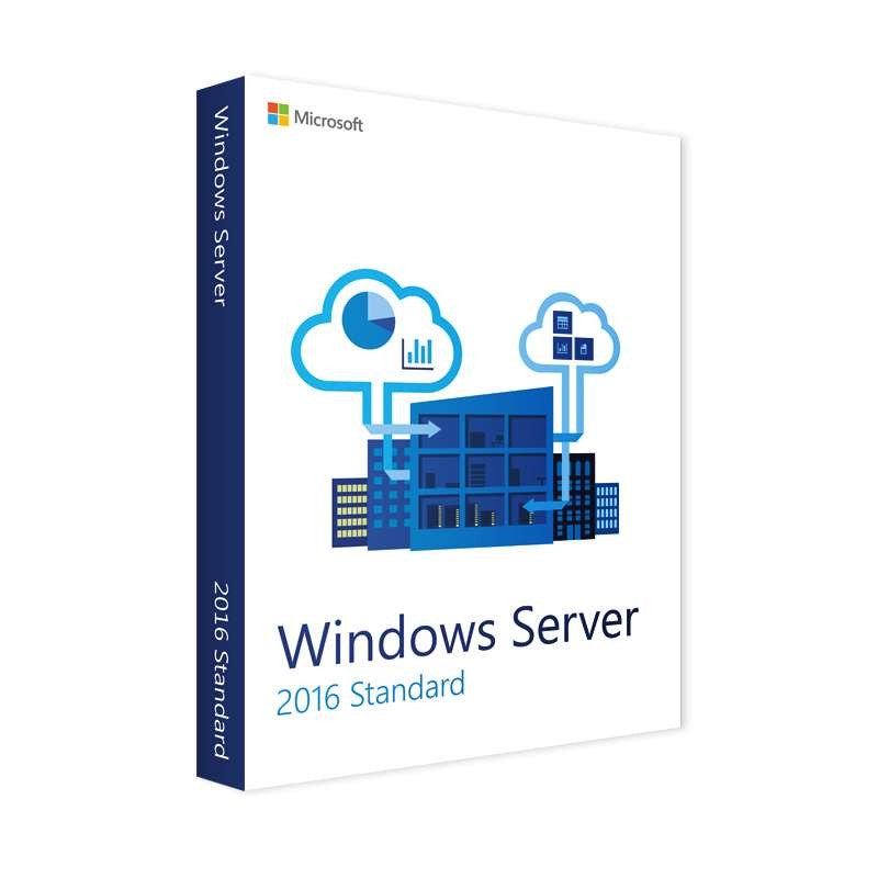 Microsoft retail box for Windows Server 2016 Standard 16 Core showing cloud and server illustration