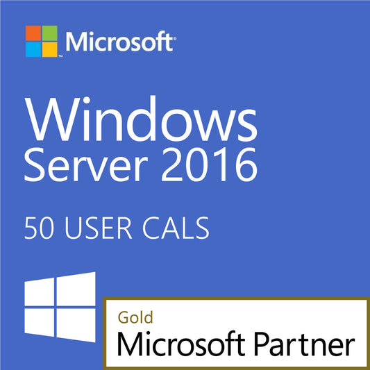 Microsoft Windows Server 2016 user CALs 50 pack box image with Gold Microsoft Partner badge and Windows logo