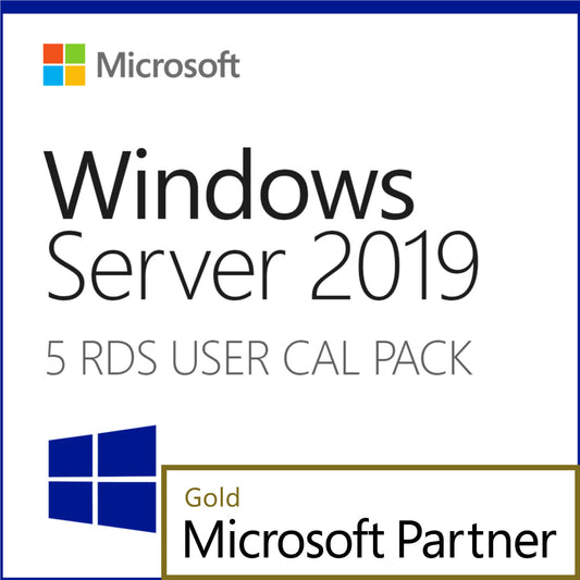 Microsoft Windows Server 2019 5 User CAL. product box image showing Gold Microsoft Partner badge