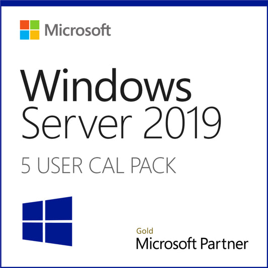 Microsoft Windows Server 2019 5 User CAL. product image showing server box with logo and partner gold badge
