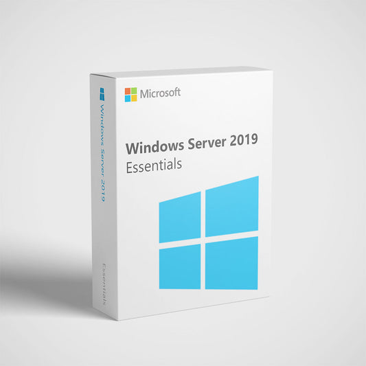 Windows Server 2019 Essentials retail box with blue Windows logo and activation key Windows Server 2019 Essentials license