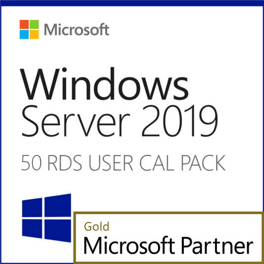 Microsoft product box showing Windows Server 2019 Remote Desktop 50 User CALs packaging and Gold Microsoft Partner badge