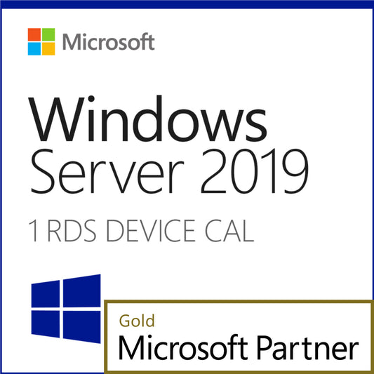Windows Server 2019 product label with 1 RDS Device CAL and Gold Microsoft Partner badge Windows Server 2019 Remote Desktop CAL