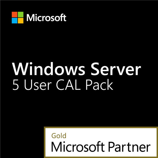 Microsoft product cover for Windows Server 2022 5 User CAL. Black box with Gold Microsoft Partner badge