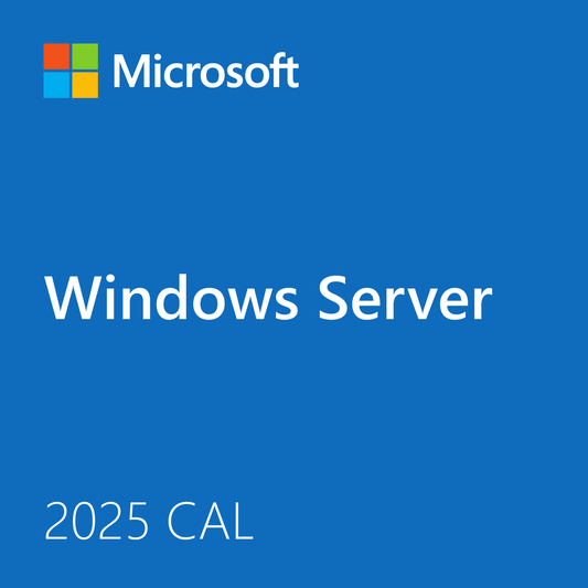 Microsoft Windows Server 2025 5 User CALs product cover with Windows Server title and 2025 CAL text on blue background