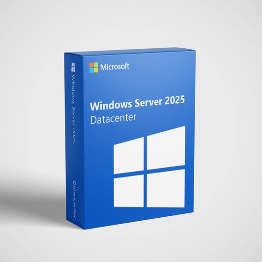 Microsoft blue retail box for Windows Server 2025 Datacenter license showing Windows logo and product name