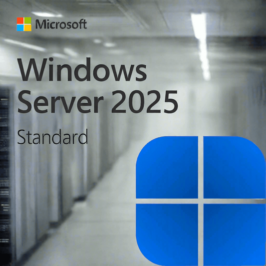 Microsoft Windows Server 2025 Standard download software package with server room background