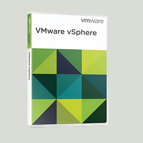 Softwarekeep box image of VMware vSphere retail packaging with green geometric design and VMware vSphere Enterprise Plus 8 license