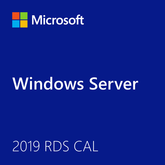 Microsoft Windows Server blue product image with branding and Windows Server 2019 Remote Desktop CAL label